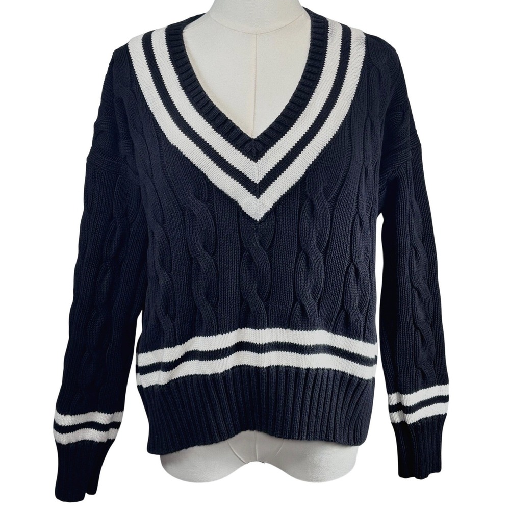 Polo Ralph Lauren Cricket Sweater Black Cable Knit Varsity Academia Preppy S
